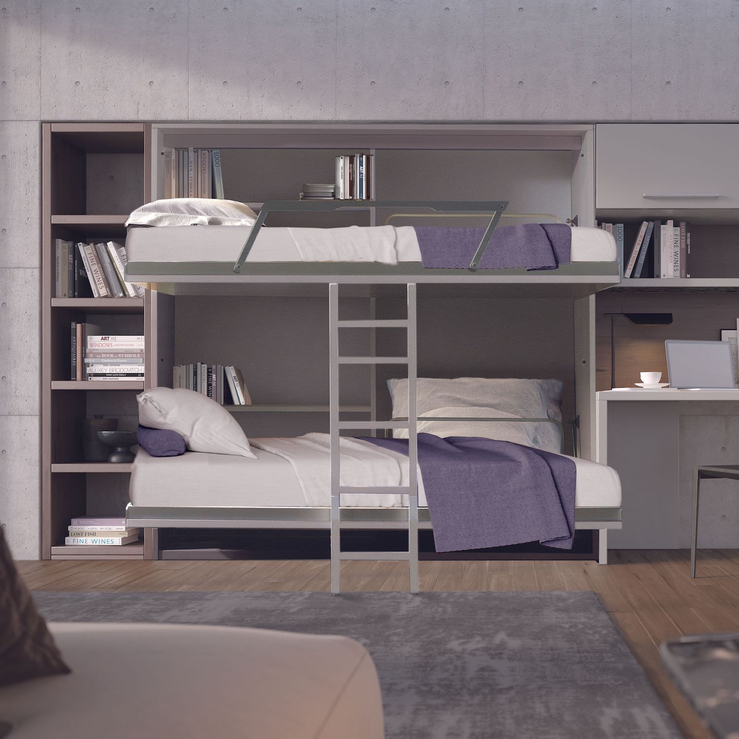 Letto a castello a scomparsa con scaletta per cameretta bimbi Vagone