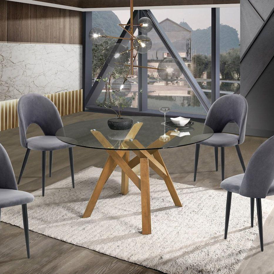 Tavolo da pranzo rotondo in legno massello e vetro Meredith Oak