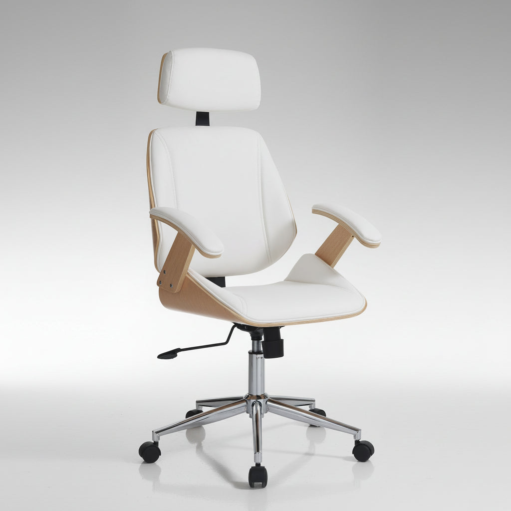 Poltrona da ufficio in legno e pelle sintetica Once High White