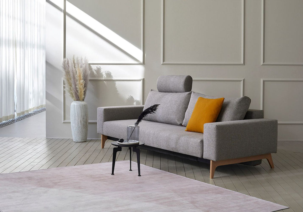 Divano letto matrimoniale con braccioli in tessuto materasso a molle Idun