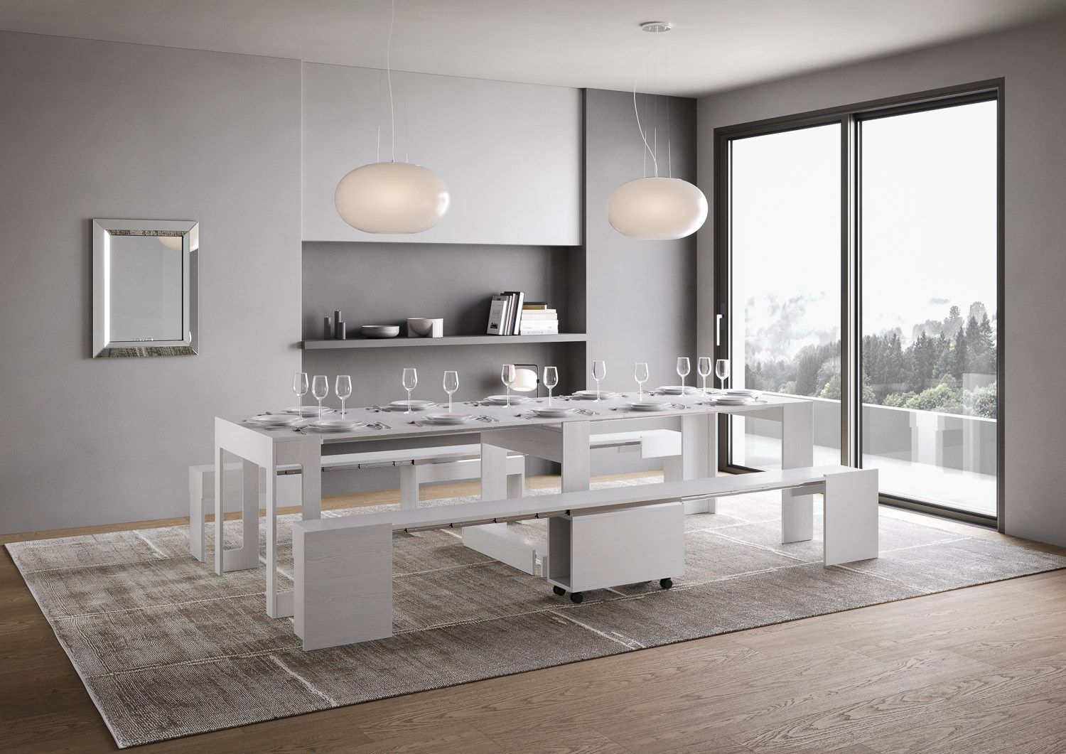 Consolle allungabile con doppia panca Gram