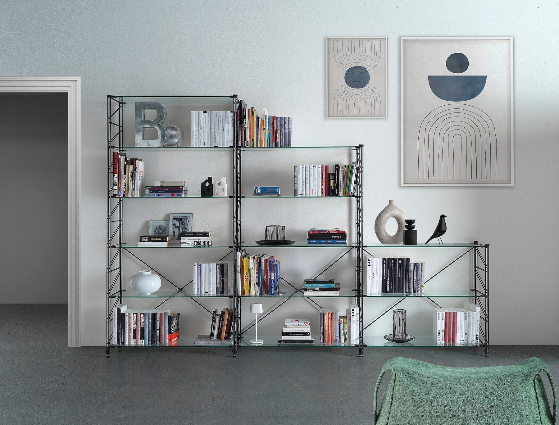 Scaffale libreria a parete in acciaio e vetro Melker 249