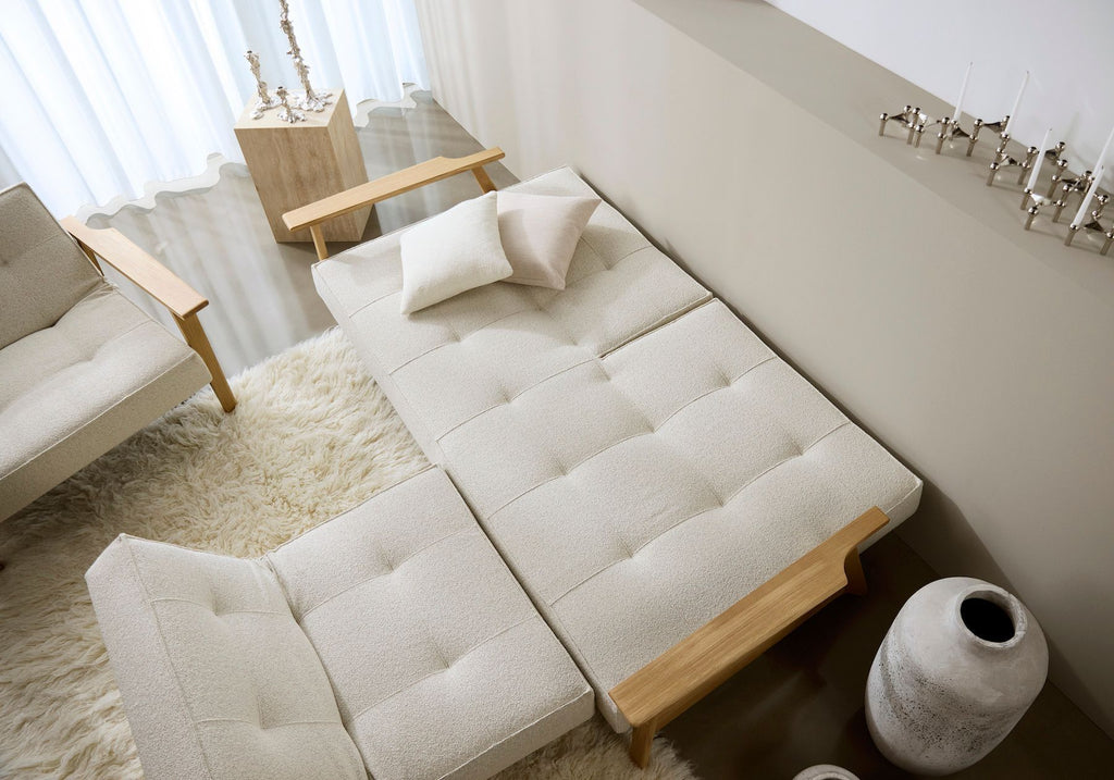 Divano letto con braccioli in legno e materasso a molle SplitBack Frej - 357 Taura Off White