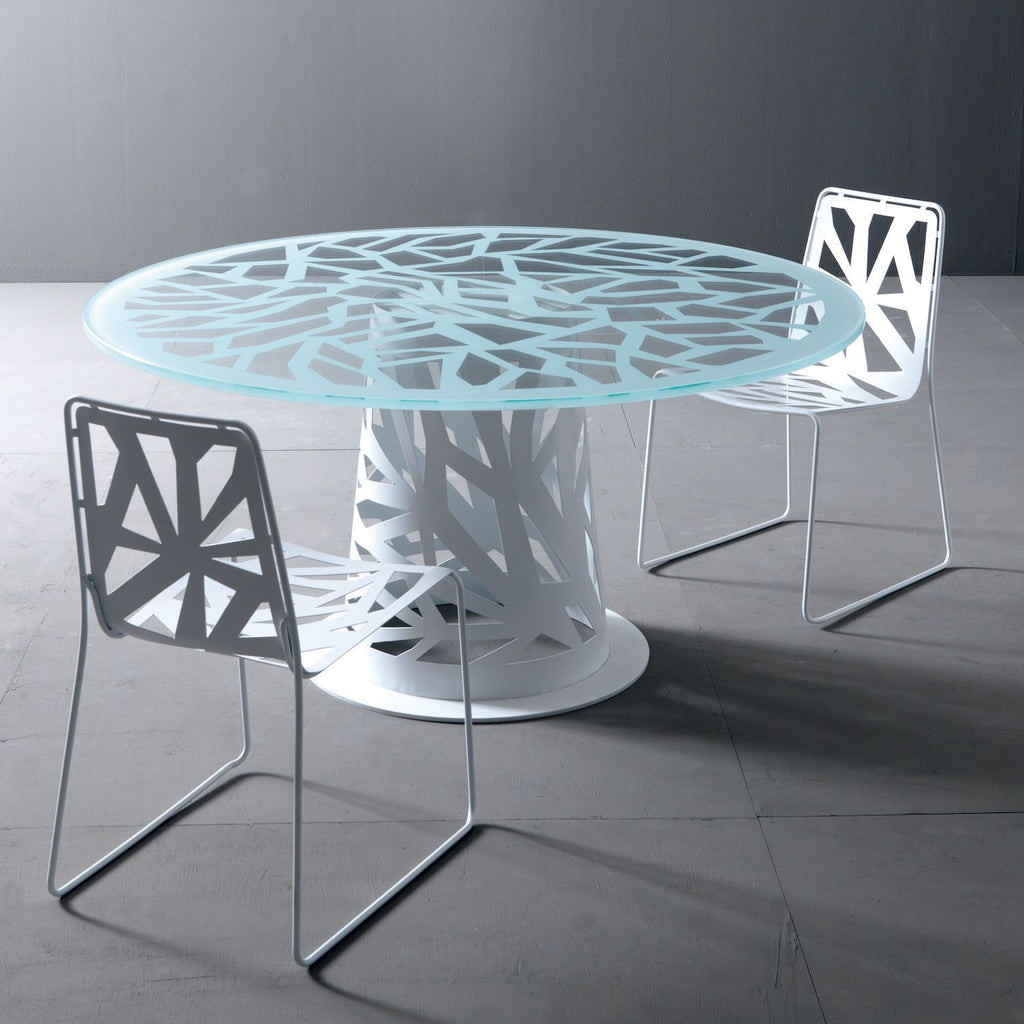 Tavolo rotondo in vetro serigrafato con base in metallo Domino