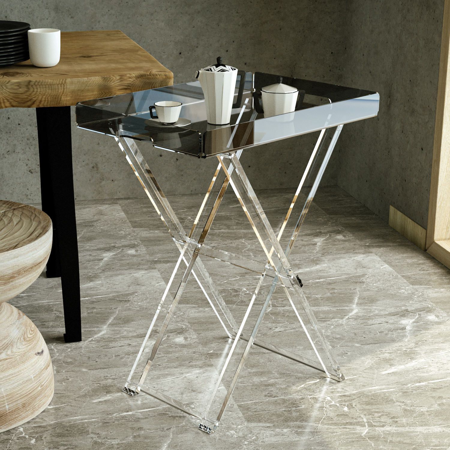 Tavolino pieghevole con vassoio in plexiglass Milena
