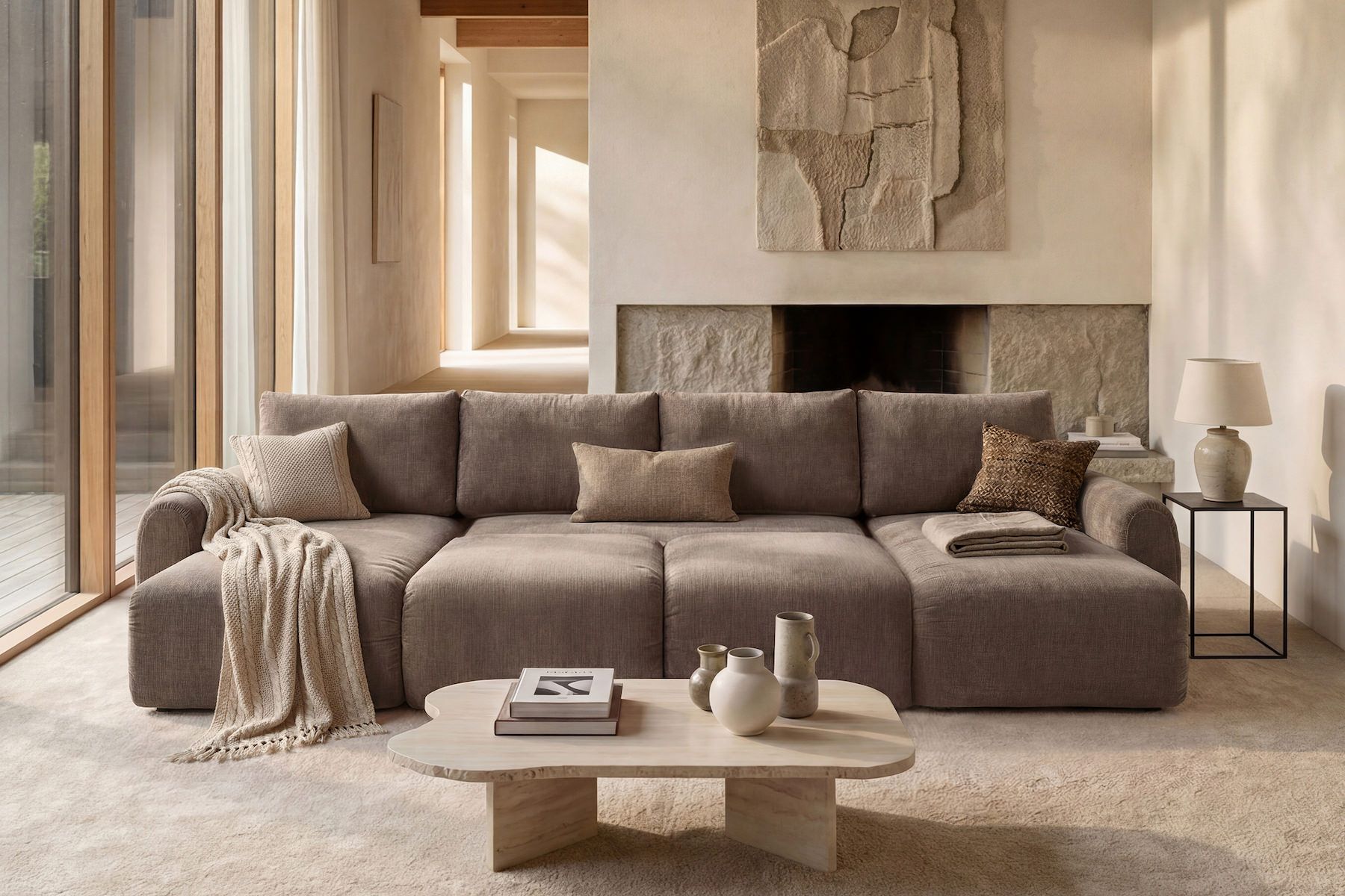 Divano letto matrimoniale con penisola Norum Curve U - 411 Esina Cedar Brown