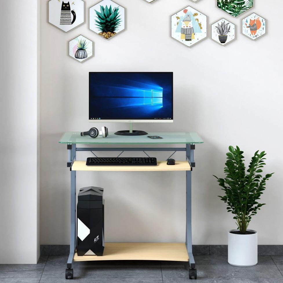 Scrivania per PC in metallo e vetro su ruote 80 x 60 cm per ufficio