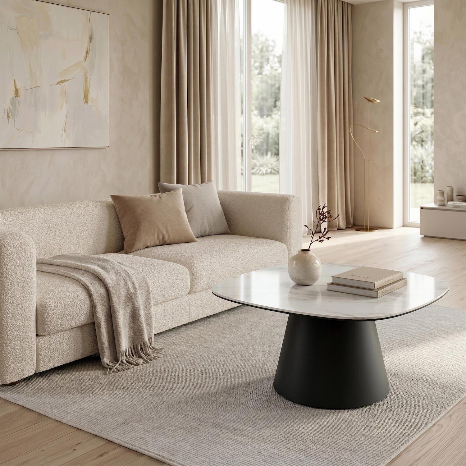 Tavolino da salotto in metallo e ceramica Marven Big - Marmo bianco