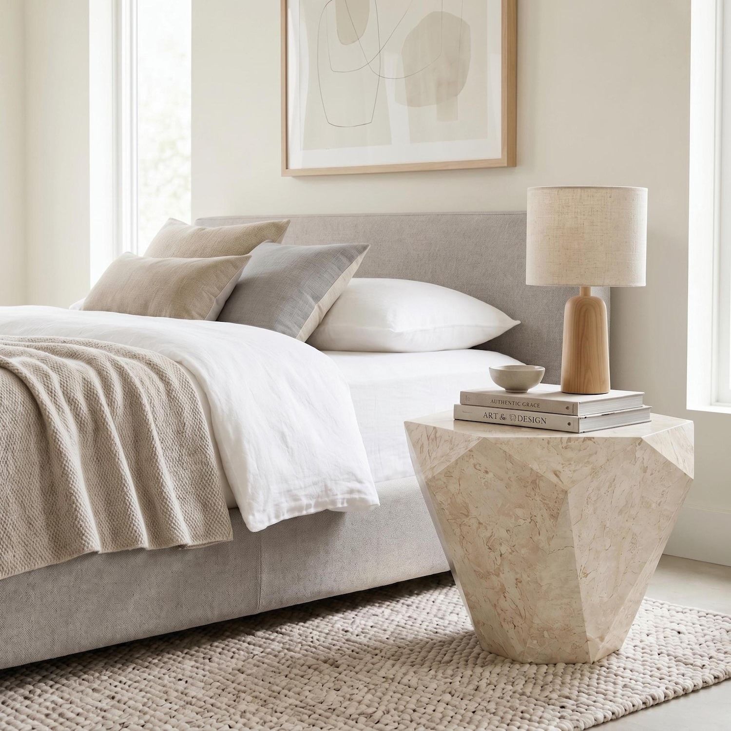 Tavolino comodino in pietra fossile beige o grigio Dorel Small - Beige