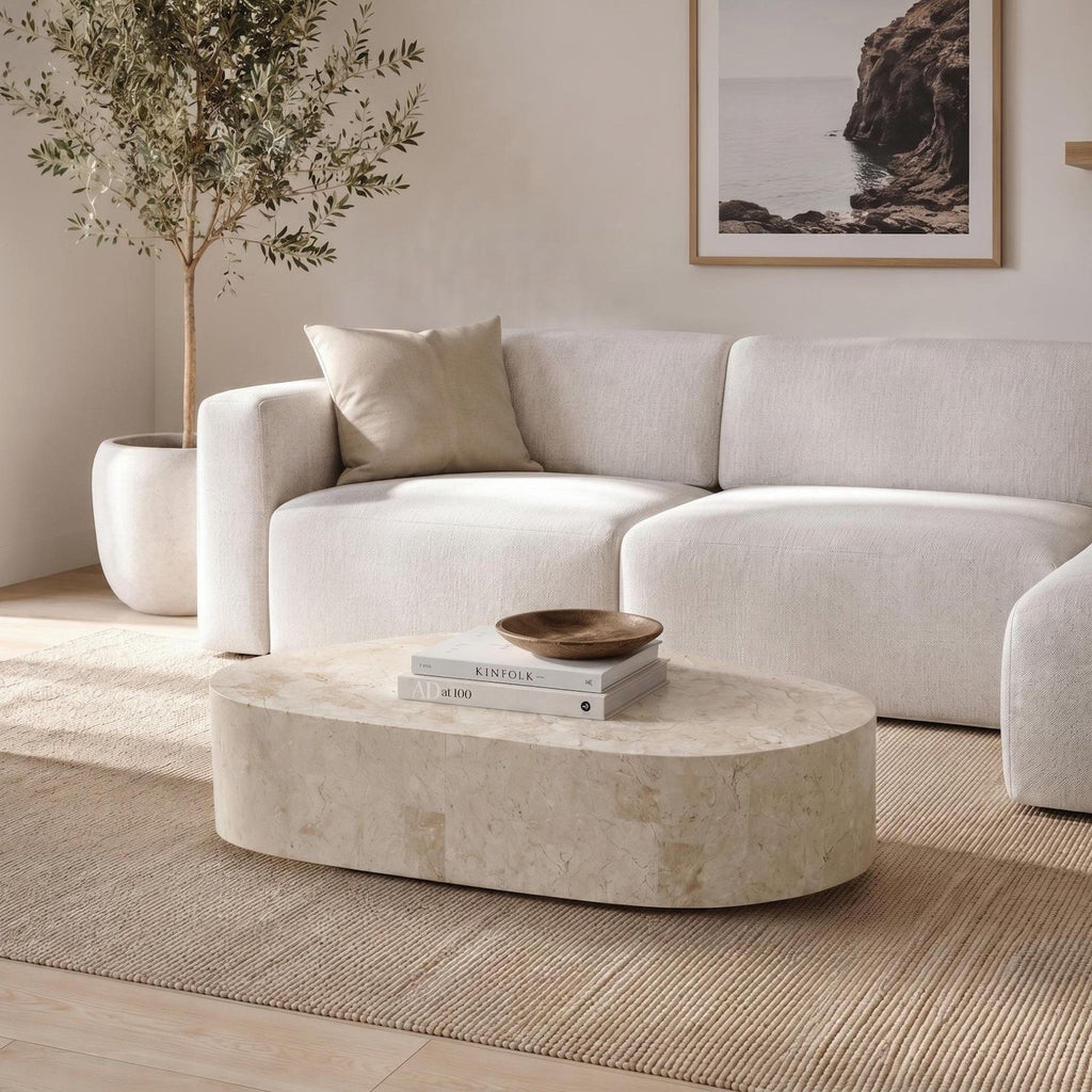 Tavolino in pietra fossile beige o grigio Kora | Design Moderno