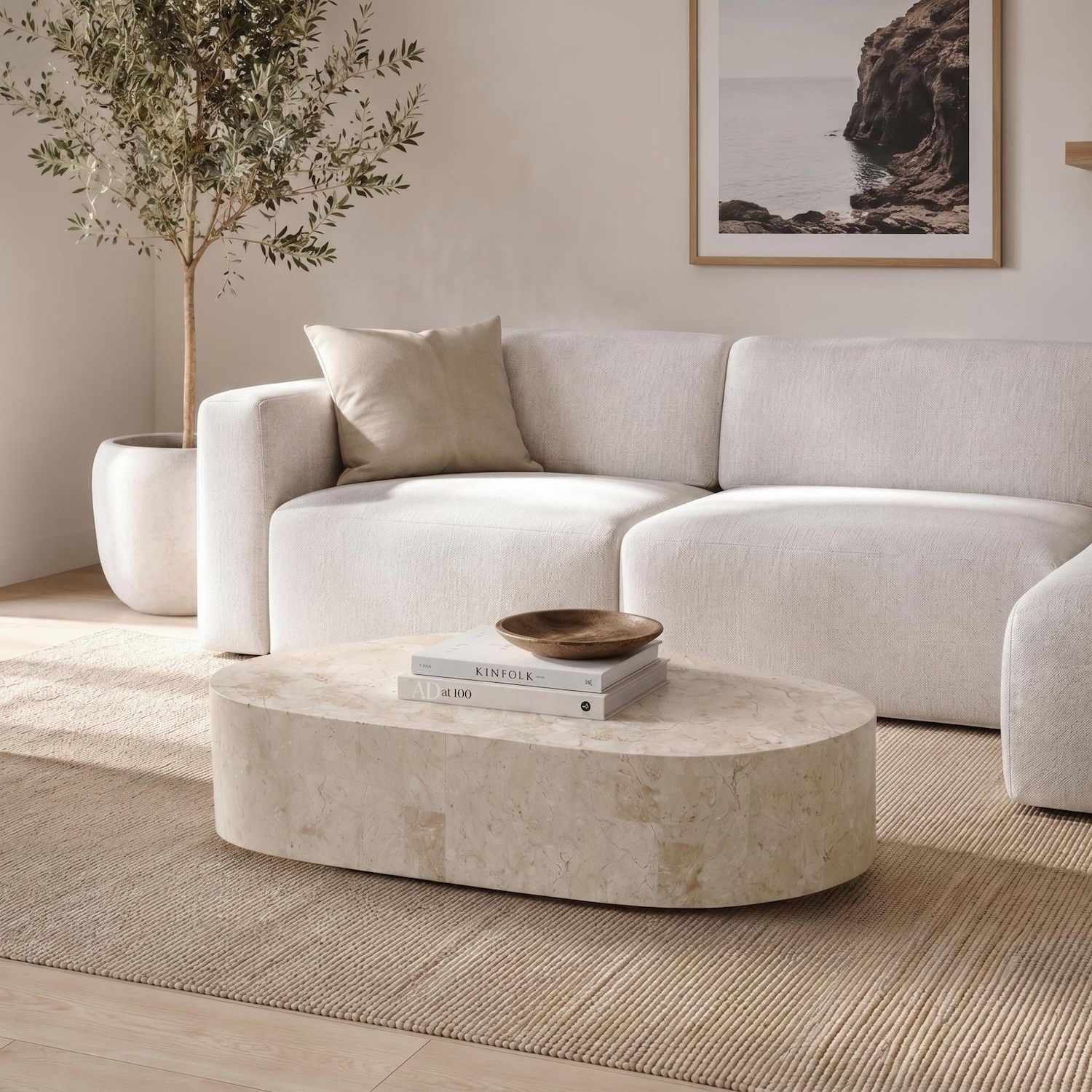 Tavolino in pietra fossile beige o grigio Kora | Design Moderno