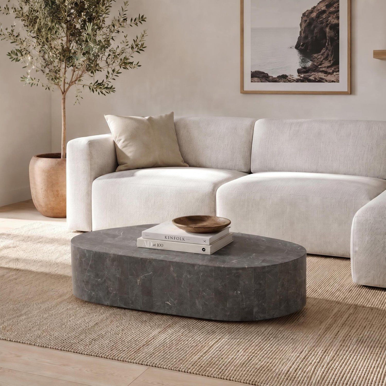 Tavolino in pietra fossile beige o grigio Kora | Design Moderno